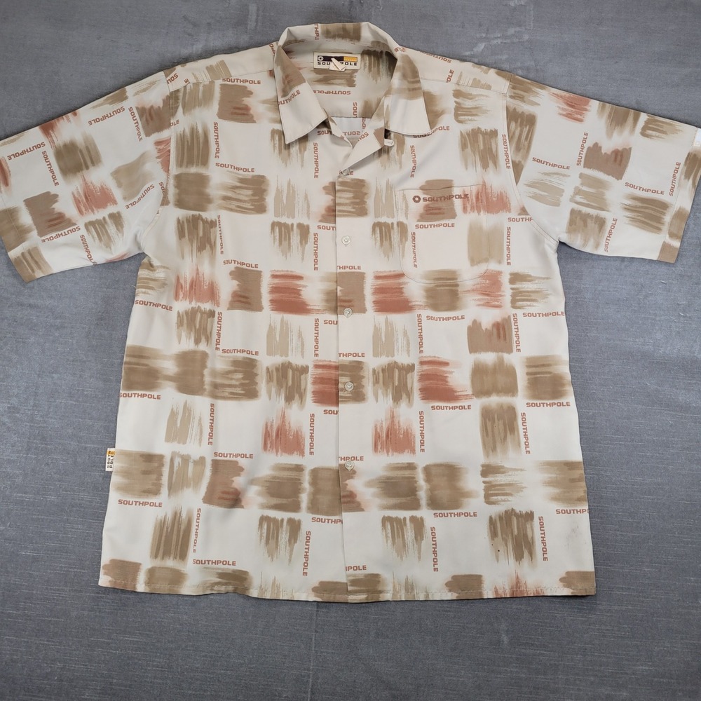 Southpole Mens XL Button Up Shirt Short Sleeve Abstract Tan Brown Y2K Streetwear